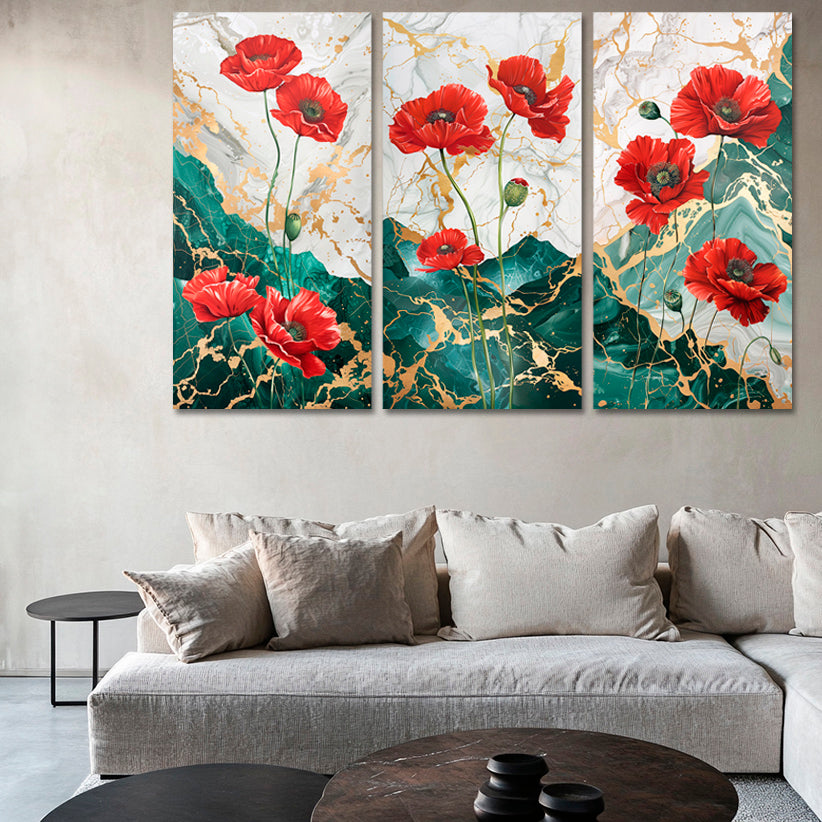Gold Foil Poppy Multi Panel Wall Art Canvas.