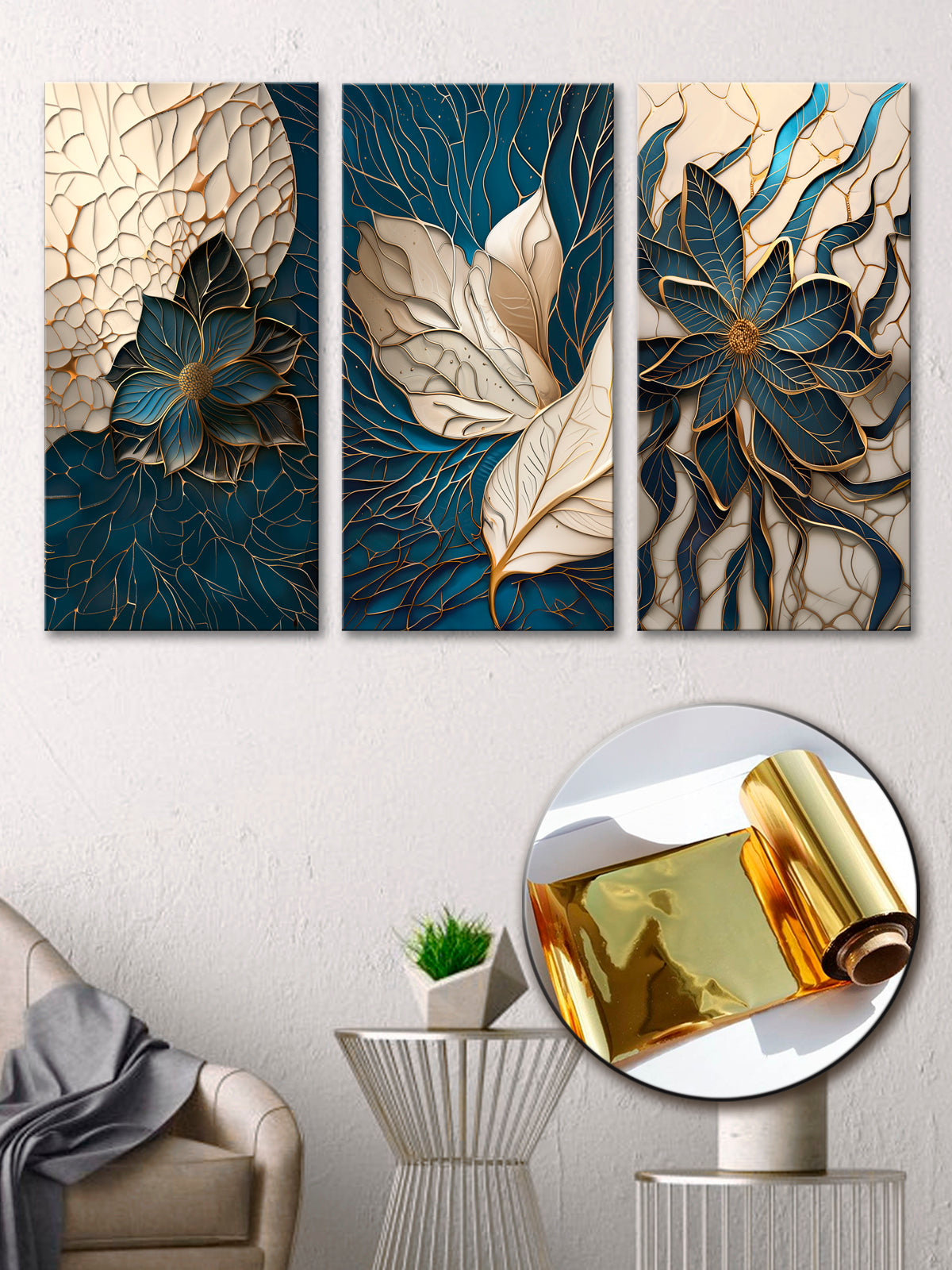 Gold Foil Leaf Abstraction Multi Panel Wall Art Canvas.